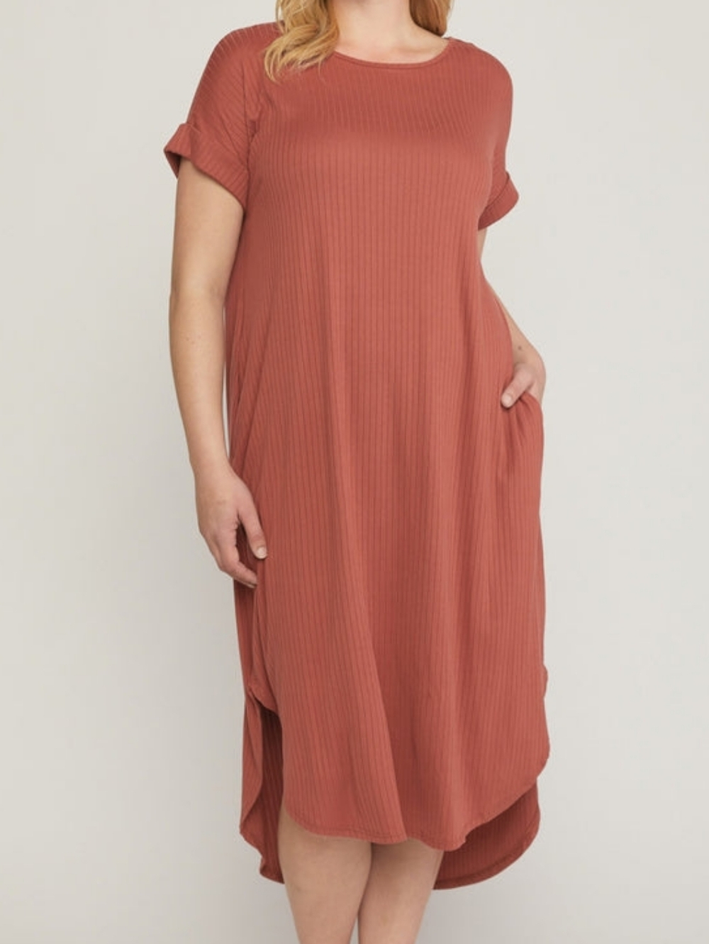 entro Ribbed Pocket Midi Dress in Terra Cotta Size L New